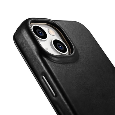 Magsafe Калъф от Естествена Кожа за iPhone 14, iCarer CE Wax Book Leather Case, Черен (4)