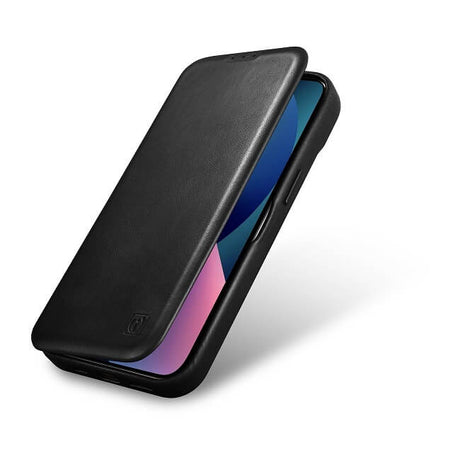 Magsafe Калъф от Естествена Кожа за iPhone 14, iCarer CE Wax Book Leather Case, Черен (3)