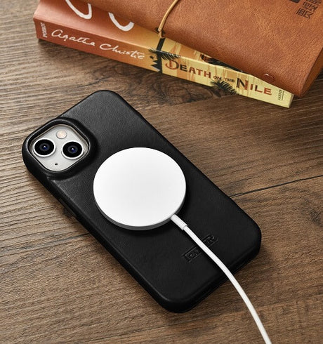 Magsafe Калъф от Естествена Кожа за iPhone 14, iCarer CE Wax Book Leather Case, Черен (6)