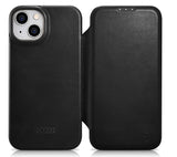 Magsafe Калъф от Естествена Кожа за iPhone 14, iCarer CE Wax Book Leather Case, Черен