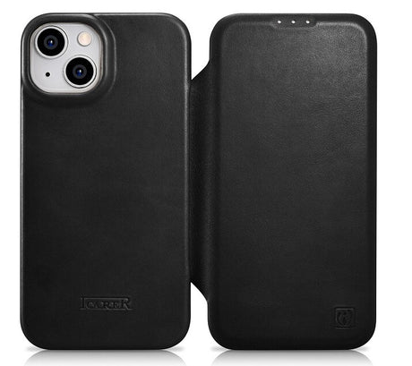 Magsafe Калъф от Естествена Кожа за iPhone 14, iCarer CE Wax Book Leather Case, Черен