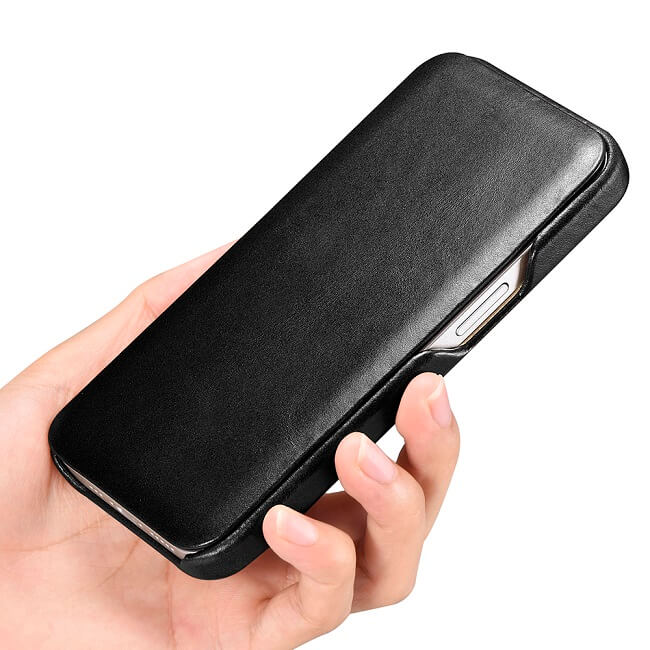 Калъф от Естествена Кожа за iPhone 13 Pro Max, iCarer Vintage Book Leather Case, Черен (4)