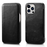 Калъф от Естествена Кожа за iPhone 12 Pro Max, iCarer Vintage Book Leather Case, Черен