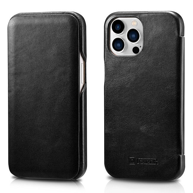 Калъф от Естествена Кожа за iPhone 13 Pro, iCarer Vintage Book Leather Case, Черен