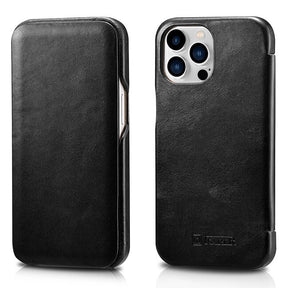 Калъф от Естествена Кожа за iPhone 13 Pro, iCarer Vintage Book Leather Case, Черен