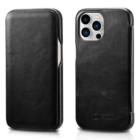 Калъф от Естествена Кожа за iPhone 13 Pro, iCarer Vintage Book Leather Case, Черен