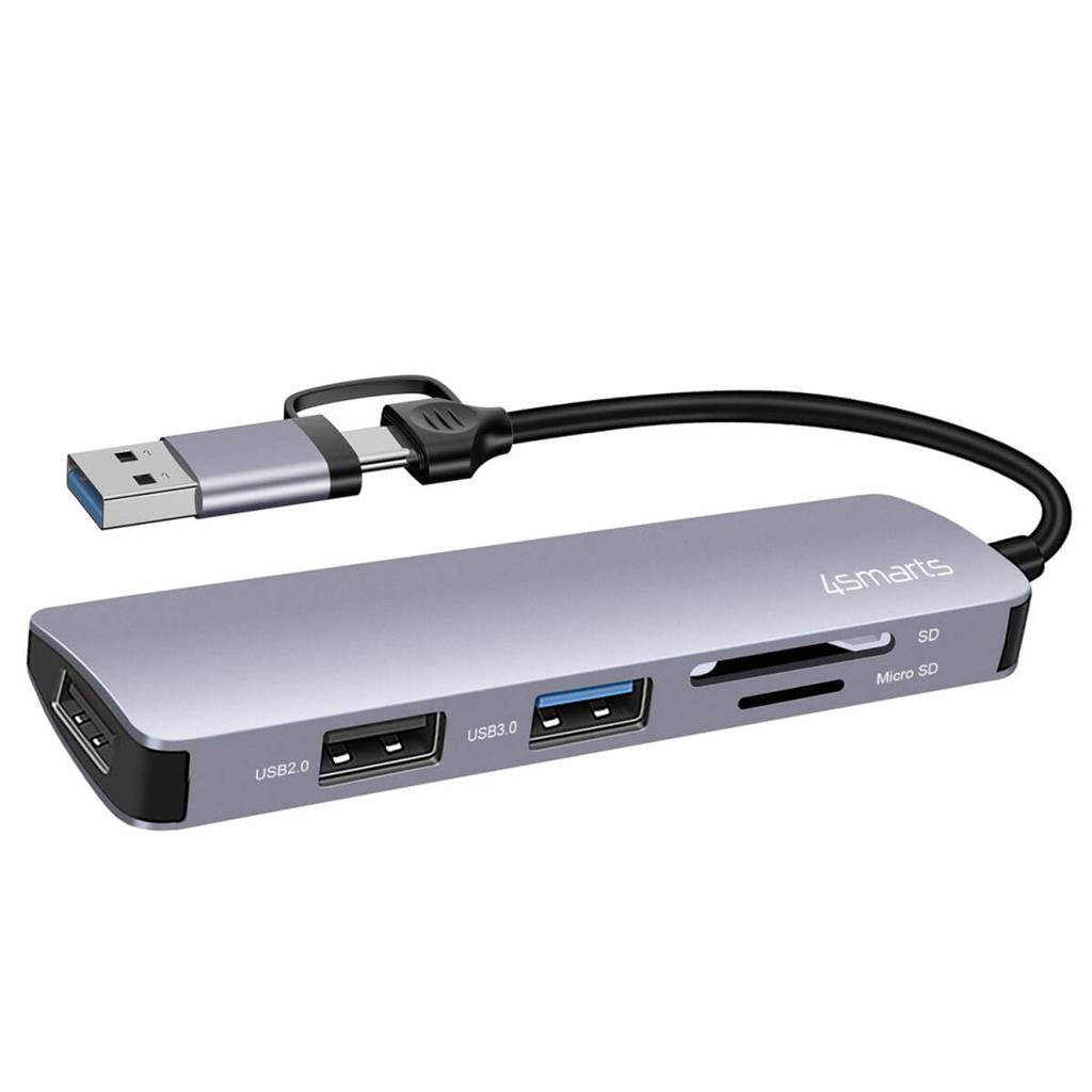 USB-C/ USB Хъб за Лаптопи и Смартфон, 4Smarts 5in1, Сив