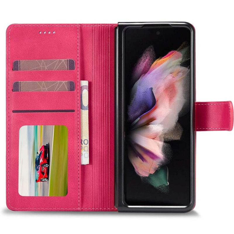 Кожен Калъф с Джобове за Samsung Z Fold 4, Wallet Book Case, Розов (3)