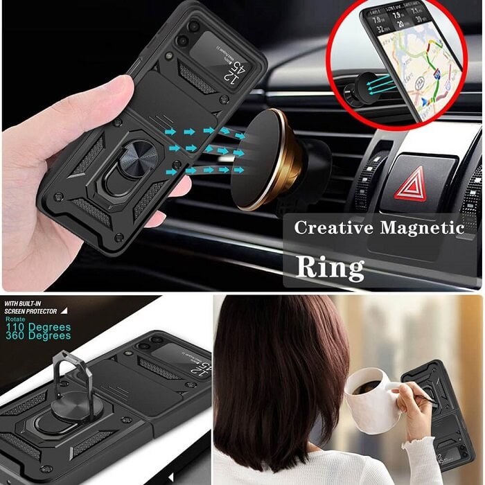 Калъф с Камера Предпазител за Samsung Z Flip 4, Kickstand Pro Case, Черен (7)