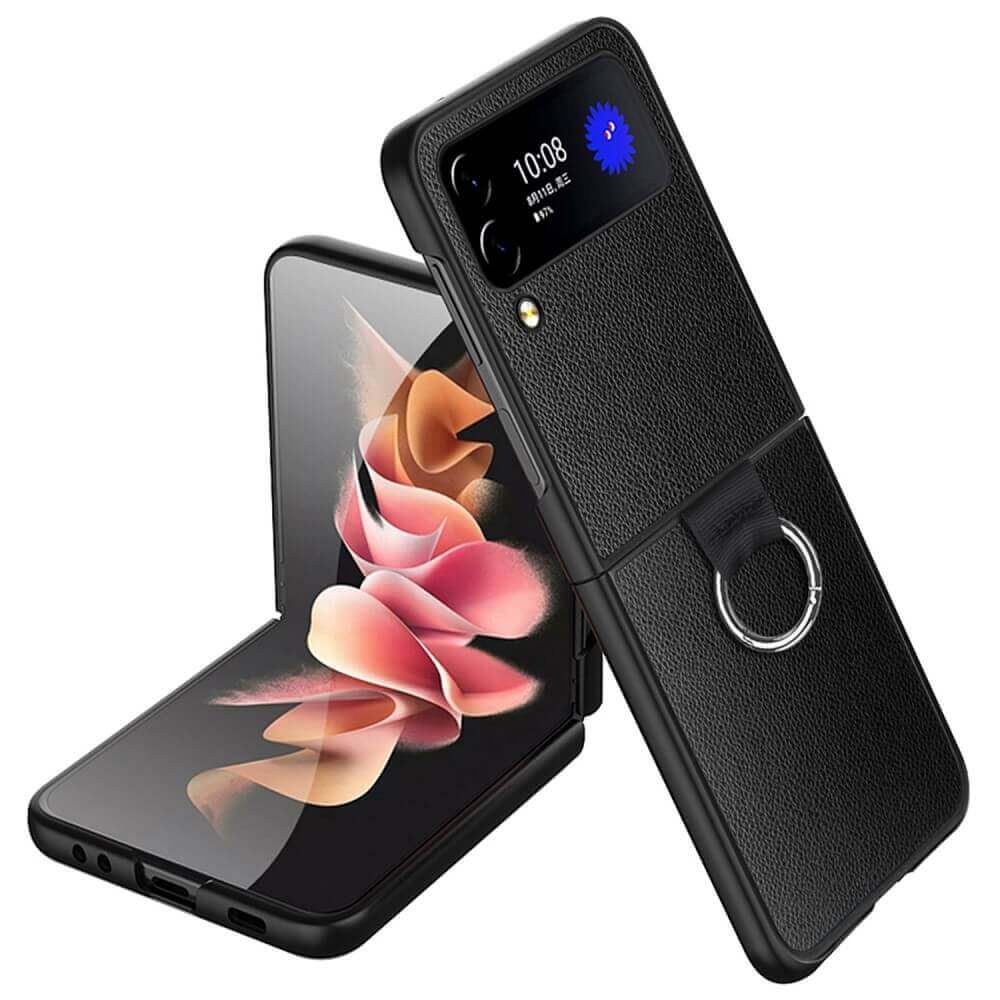 Кожен Калъф с Халка за Samsung Galaxy Z Flip 4, GKK Ring Case, Черен