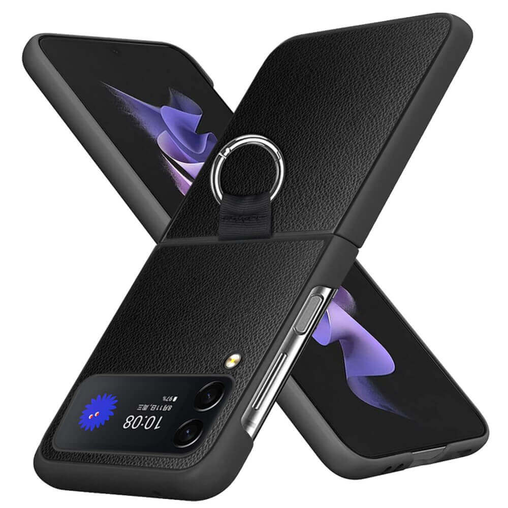 Кожен Калъф с Халка за Samsung Galaxy Z Flip 4, GKK Ring Case, Черен (2)