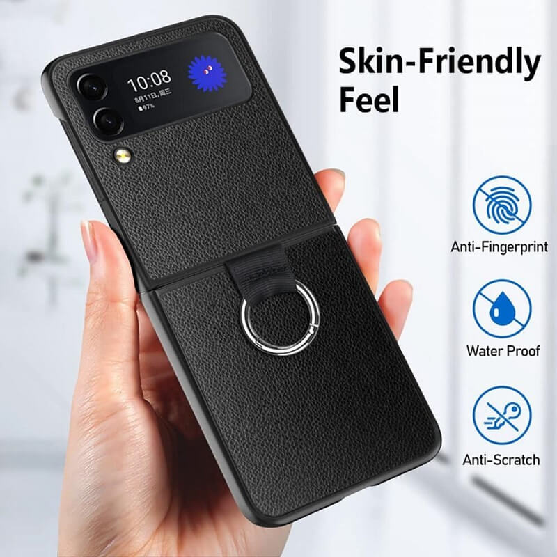 Кожен Калъф с Халка за Samsung Galaxy Z Flip 4, GKK Ring Case, Черен (6)