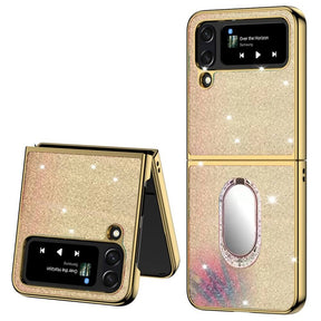 Блестящ Калъф с Пръстен за Samsung Z Flip 4, Glitter Marble Case, Златист