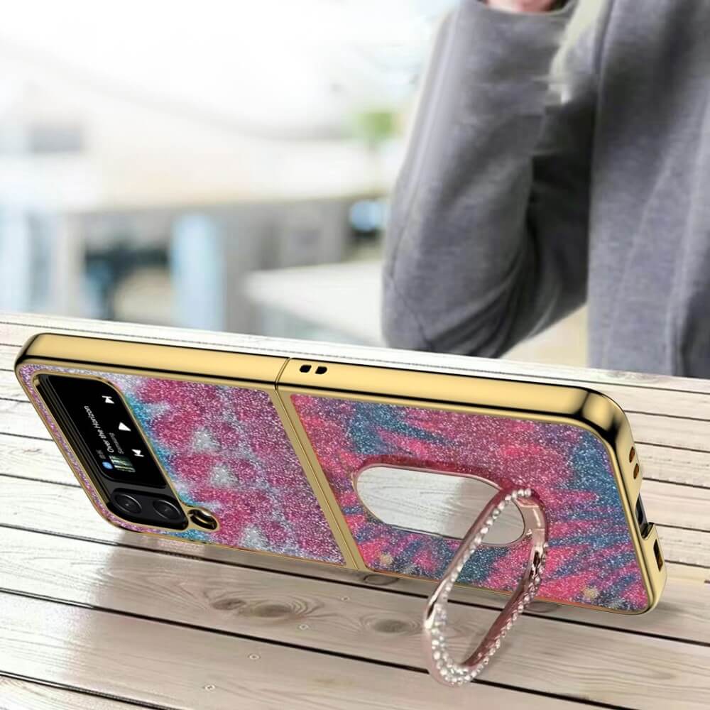 Блестящ Калъф с Пръстен за Samsung Z Flip 4, Glitter Marble Case, Розов (3)