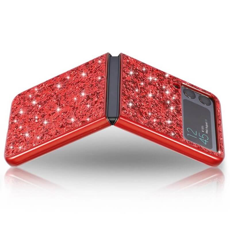 Калъф с Блестяща Декорация за Samsung Z Flip 4, Glitter Case, Червен (2)
