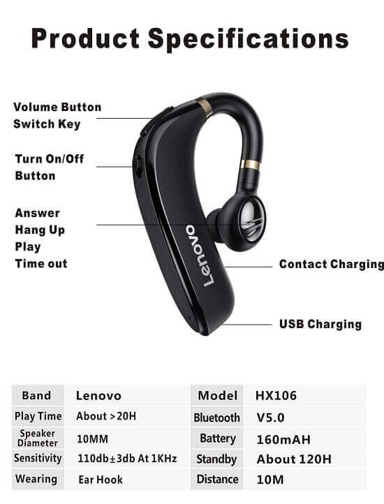 Безжична Слушалка, Lenovo HX106 Business Handsfree Bluetooth, Черен (7)
