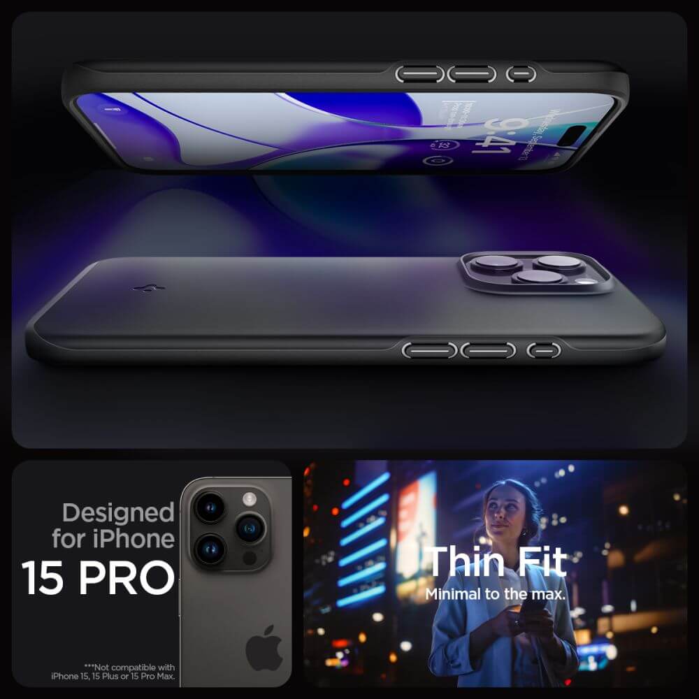 Противоударен Калъф за iPhone 15 Pro, Spigen Thin Fit Case, Черен (7)