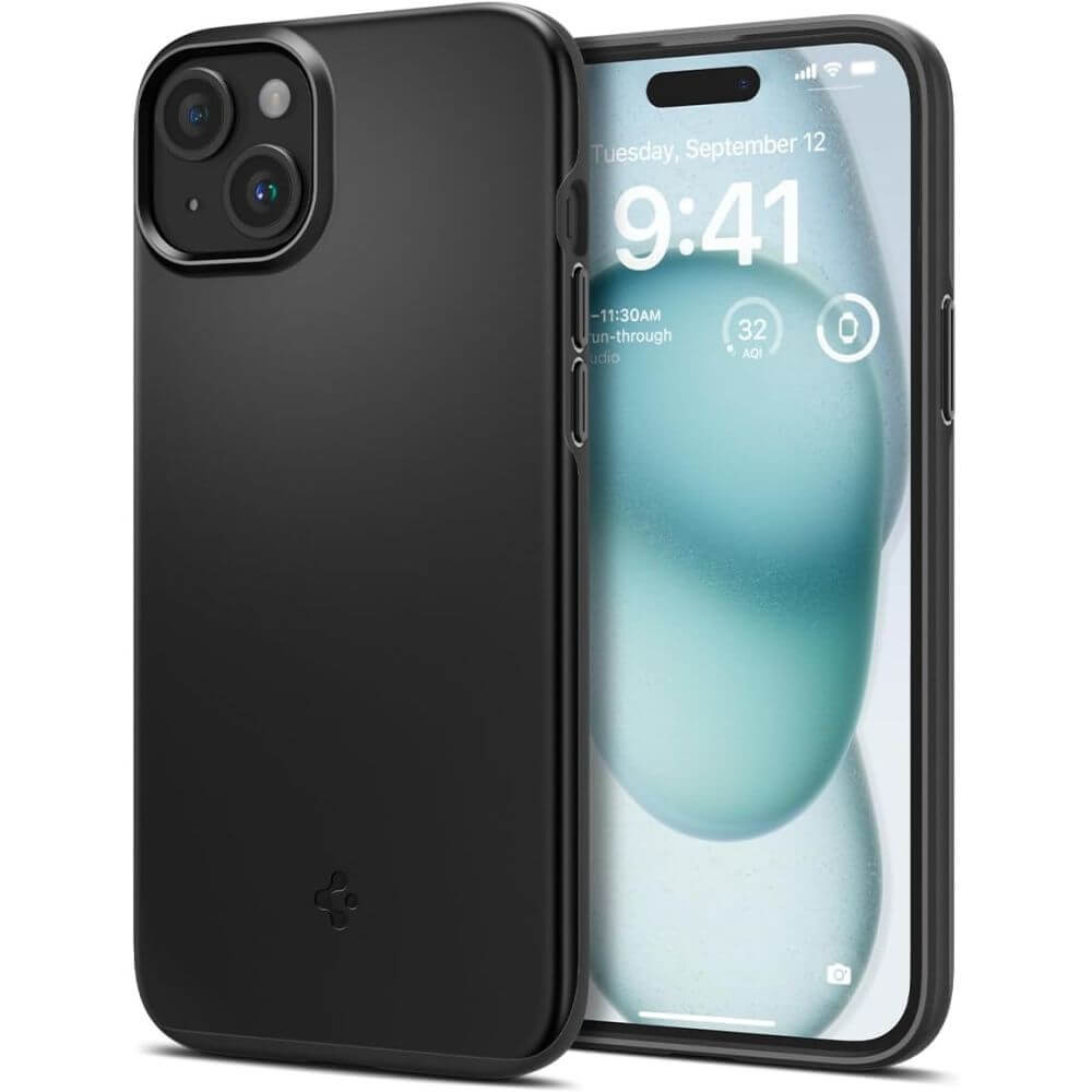 Противоударен Калъф за iPhone 15, Spigen Thin Fit Case, Черен