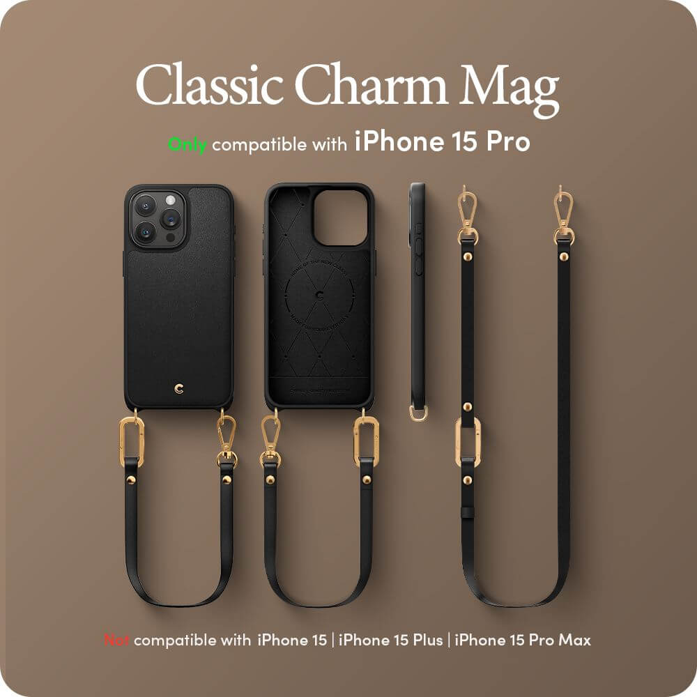 Magsafe Кожен Калъф с Връзки за iPhone 15 Pro, Spigen Cyrill Classic Charm, Черен (10)