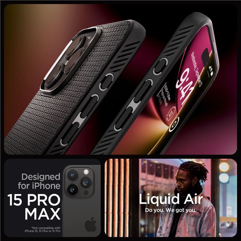 Противоударен Калъф за iPhone 15 Pro Max, Spigen Liquid Air Case, Черен (8)