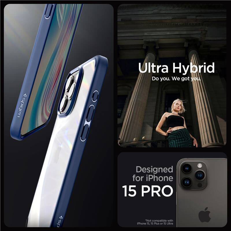 Противоударен Калъф за iPhone 15 Pro, Spigen Ultra Hybrid Case, Син (7)