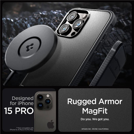 MagSafe Противоударен Калъф за iPhone 15 Pro, Spigen Rugged Armor Case, Черен (9)