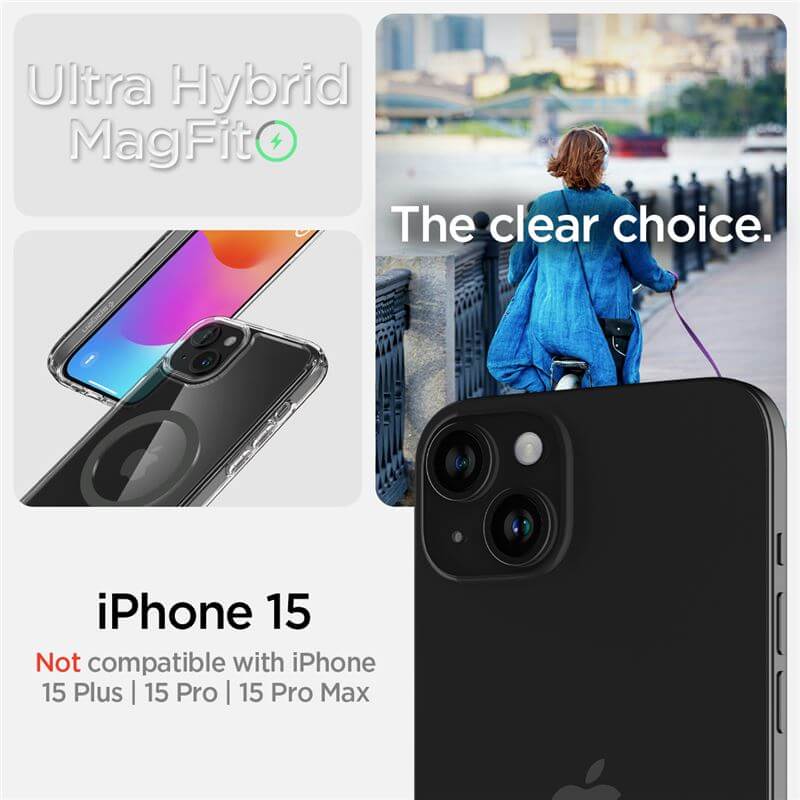 Magsafe Противоударен Калъф за iPhone 15, Spigen Ultra Hybrid Case, Сив (6)