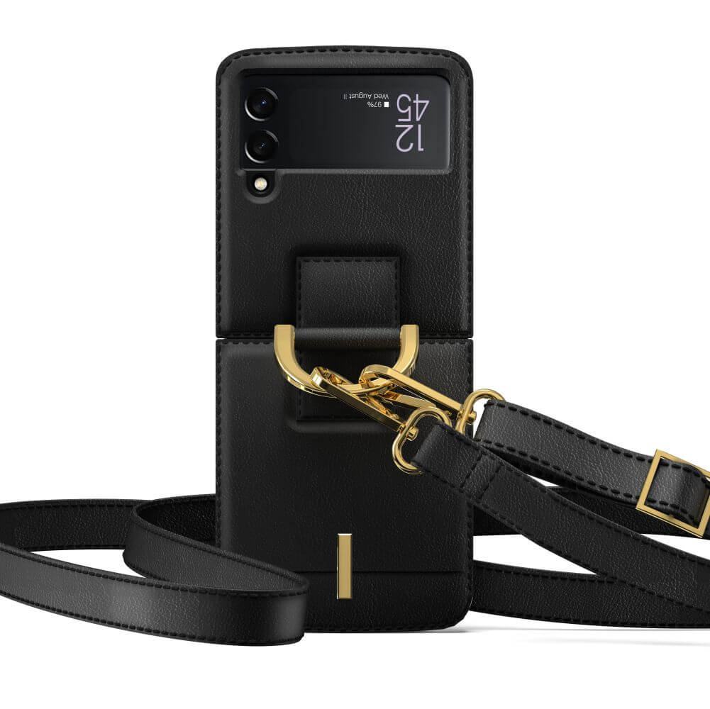 Кожен Калъф с Каишка за Samsung Z Flip 4, Tech-Protect Wallet Chain Case, Черен