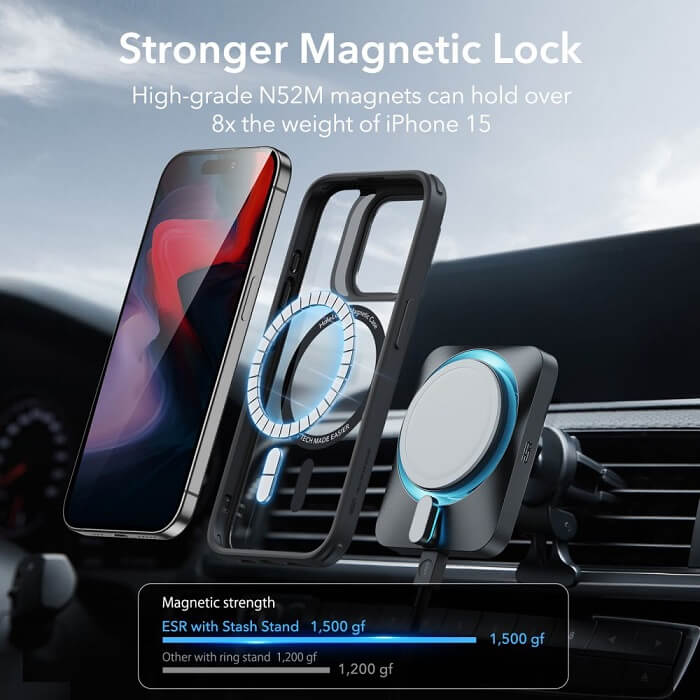 Magsafe Калъф за iPhone 15 Pro Max, ESR Classic Hybrid Kickstand Magnetic Case, Черен (5)