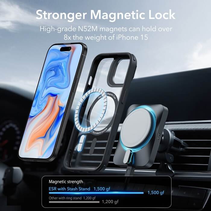 Magsafe Калъф за iPhone 15, ESR Classic Hybrid Kickstand Magnetic Case, Черен (5)