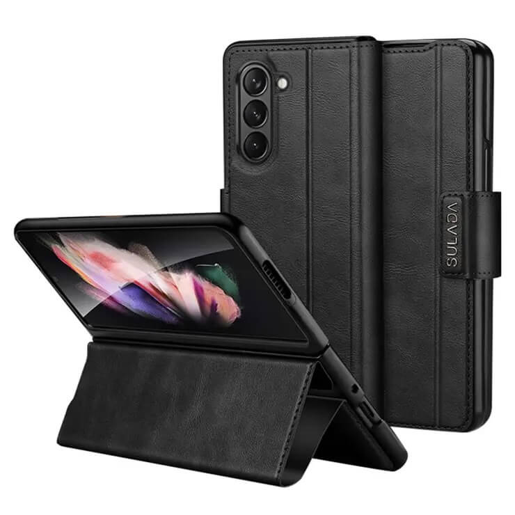 Кожен Калъф с Поставка за Samsung Z Fold 5, Sulada Stand Book Case, Черен