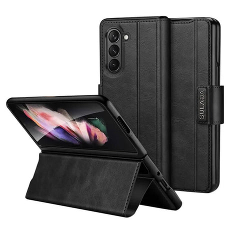 Кожен Калъф с Поставка за Samsung Z Fold 5, Sulada Stand Book Case, Черен