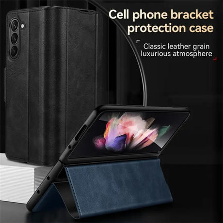 Кожен Калъф с Поставка за Samsung Z Fold 5, Sulada Stand Book Case, Черен (3)