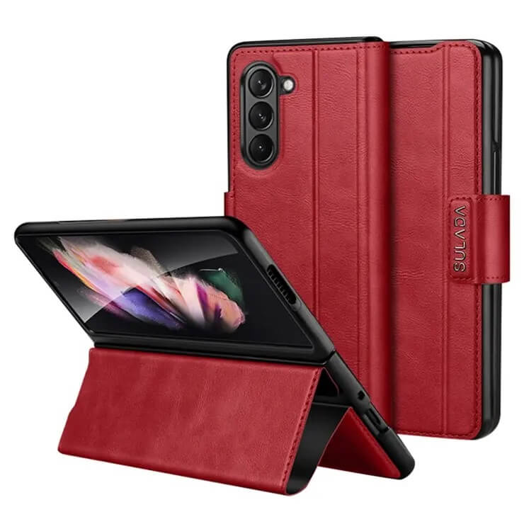 Кожен Калъф с Поставка за Samsung Z Fold 5, Sulada Stand Book Case, Червен