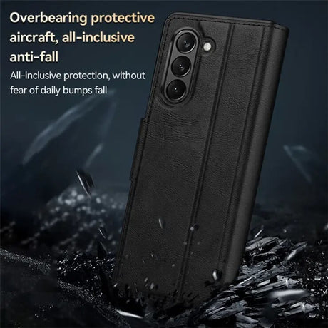 Кожен Калъф с Поставка за Samsung Z Fold 5, Sulada Stand Book Case, Черен (7)