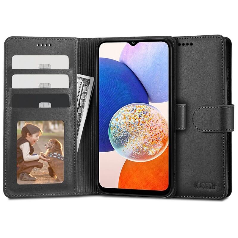 Кожен Калъф с Джобове за Xiaomi Redmi Note 12S, Tech-Protect Wallet Book Case, Черен