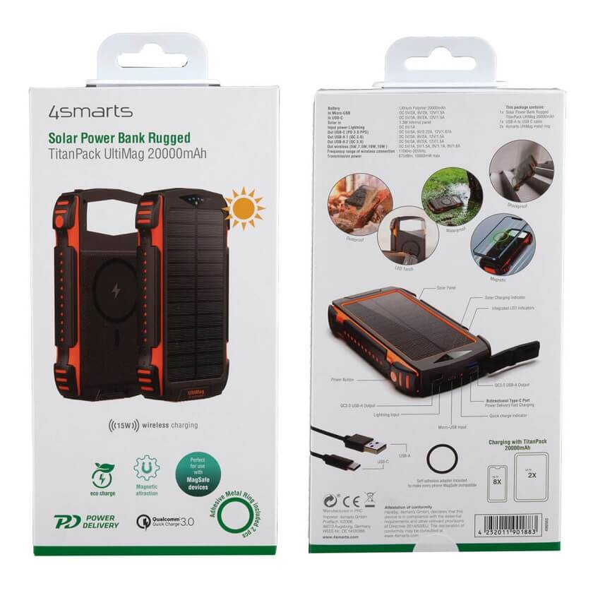 Соларна Външна Батерия, 4Smarts Rugged TitanPack UltiMag 20000 mAh, Черен (8)
