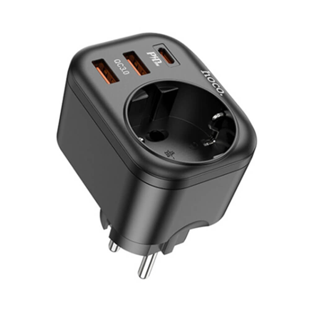 Комбинирано Зарядно с Разклонител, Hoco 3USB+1Bit 220v 20w, Черен