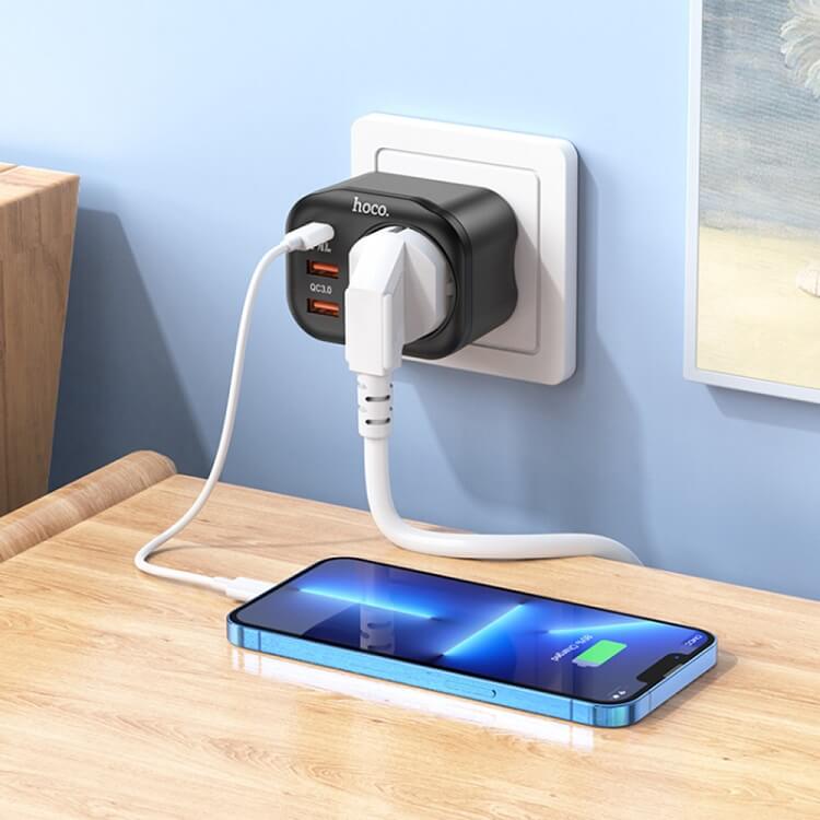 Комбинирано Зарядно с Разклонител, Hoco 3USB+1Bit 220v 20w, Черен (4)
