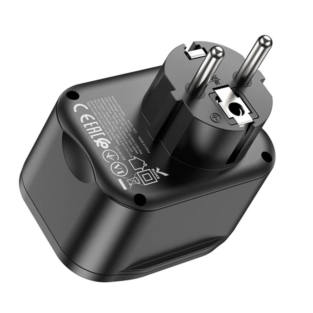 Комбинирано Зарядно с Разклонител, Hoco 3USB+1Bit 220v 20w, Черен (3)