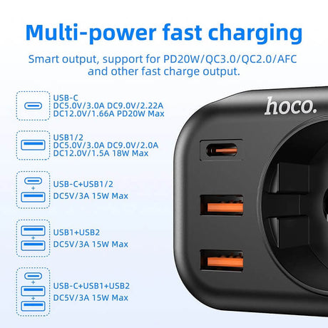 Комбинирано Зарядно с Разклонител, Hoco 3USB+1Bit 220v 20w, Черен (6)