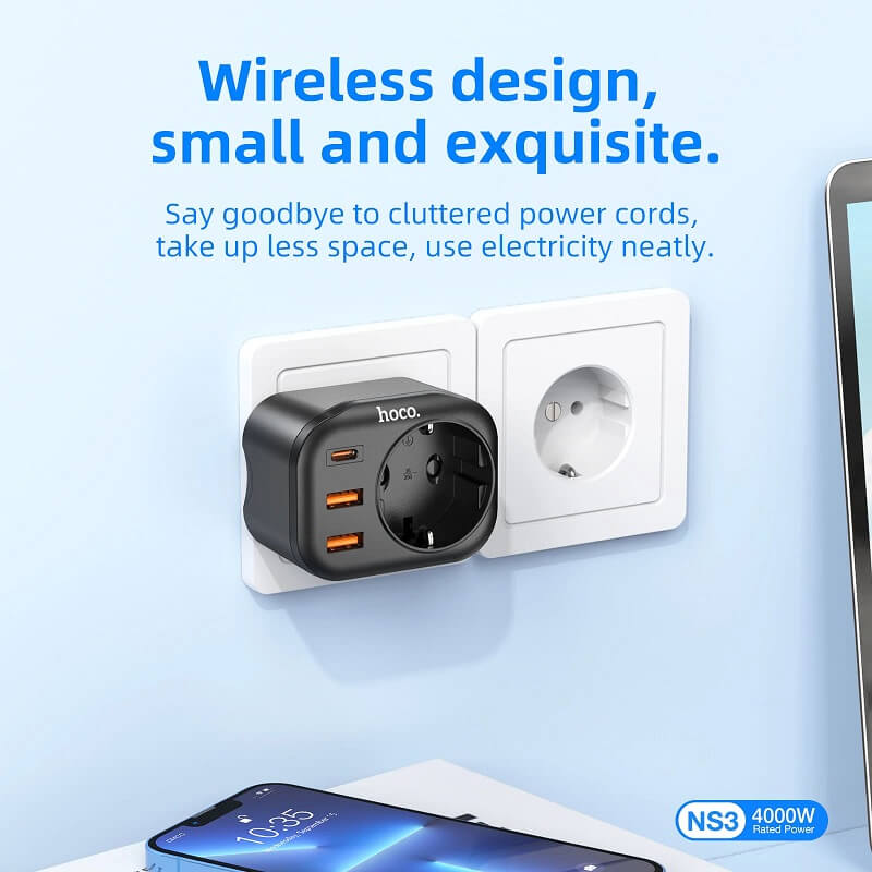 Комбинирано Зарядно с Разклонител, Hoco 3USB+1Bit 220v 20w, Черен (5)