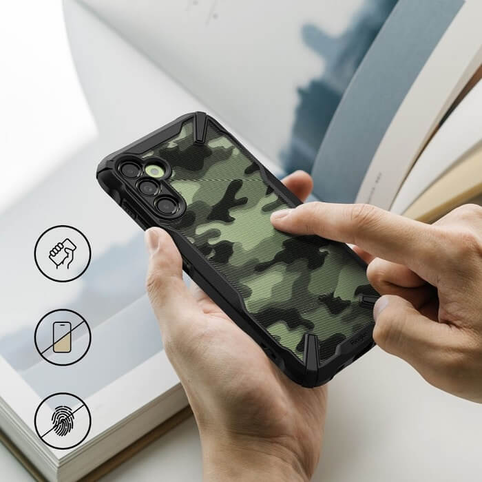 Противоударен Хибриден Калъф за Samsung A14, Ringke Fusion X Camouflage Case, Черен (6)