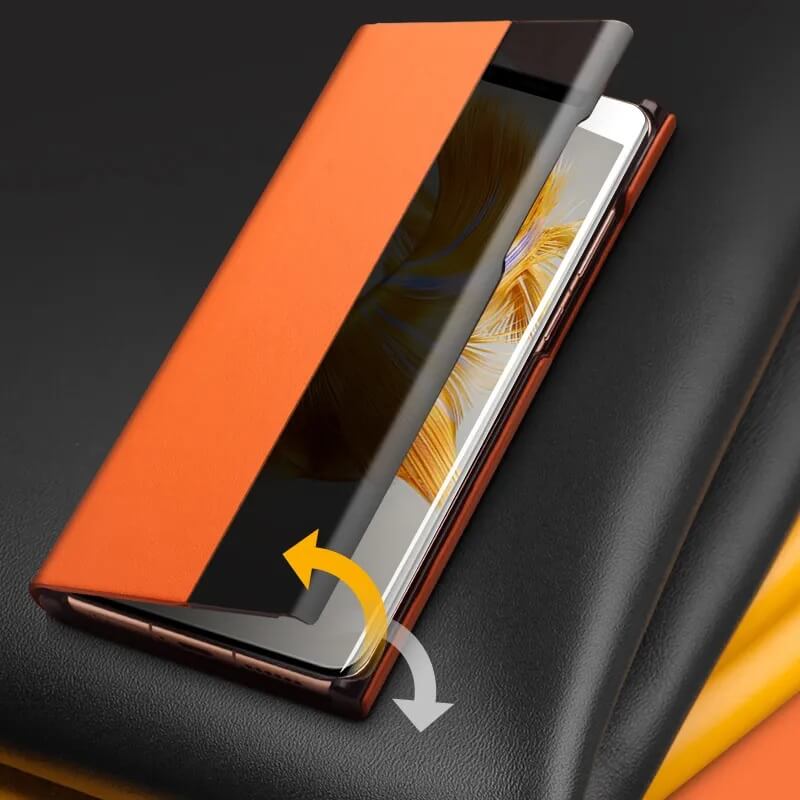 Активен Кожен Калъф за Huawei Mate 50 Pro, Qialino Smart Book Case, Оранжев (3)