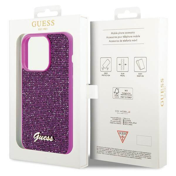 Блестящ Калъф за iPhone 15 Pro, Guess Disco Metal Script Case, Лилав (6)