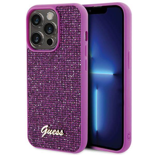 Блестящ Калъф за iPhone 15 Pro, Guess Disco Metal Script Case, Лилав (2)