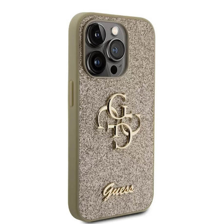 Блестящ Калъф за iPhone 15 Pro Max, Guess Glitter Script Big 4G Case, Златист (2)