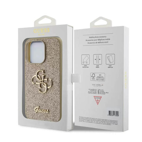 Блестящ Калъф за iPhone 15 Pro Max, Guess Glitter Script Big 4G Case, Златист (6)