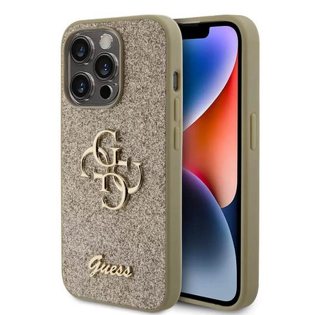 Блестящ Калъф за iPhone 15 Pro Max, Guess Glitter Script Big 4G Case, Златист (5)
