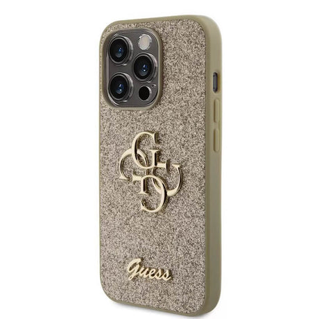 Блестящ Калъф за iPhone 15 Pro, Guess Glitter Script Big 4G Case, Златист